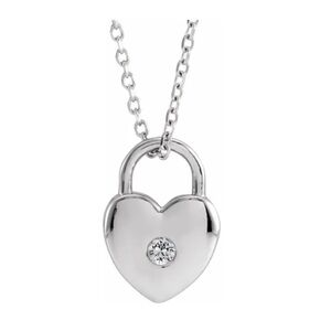🩶 Sterling Silver Natural White Sapphire Heart Lock 18" Necklace ❤️